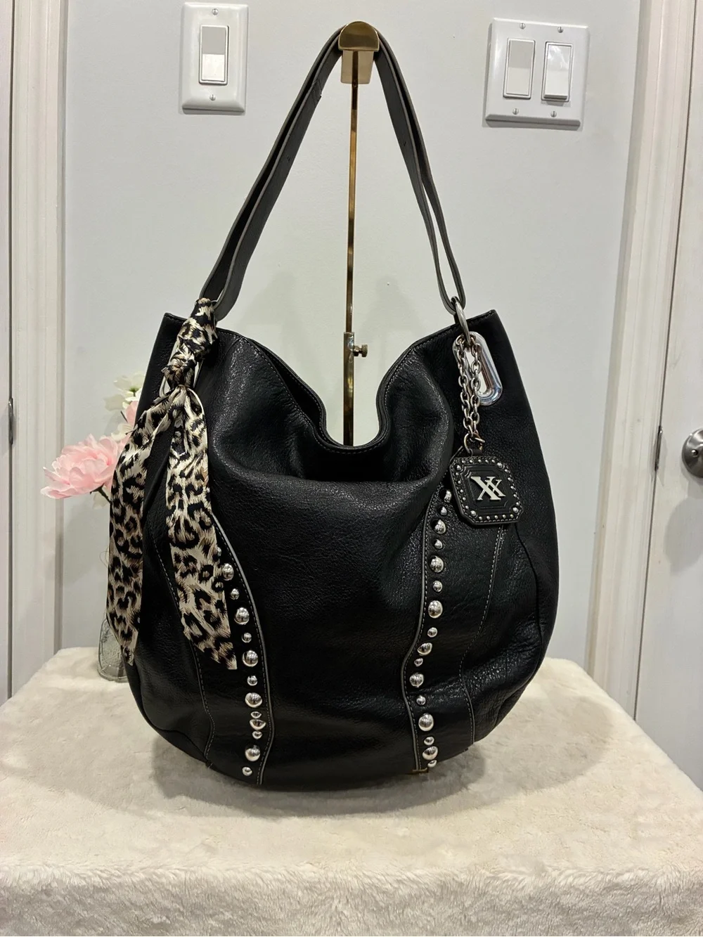 MAXX New York Black Leather Studded Hobo Bag Leopard Scarf Rocker Y2K